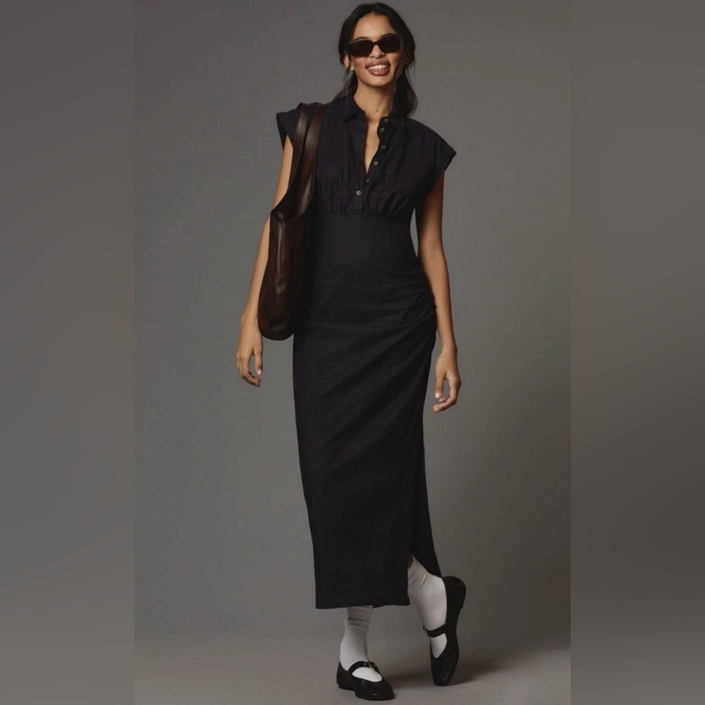 NWT By Anthropologie Cap-Sleeve V-Neck Ruched Slim Midi Dress